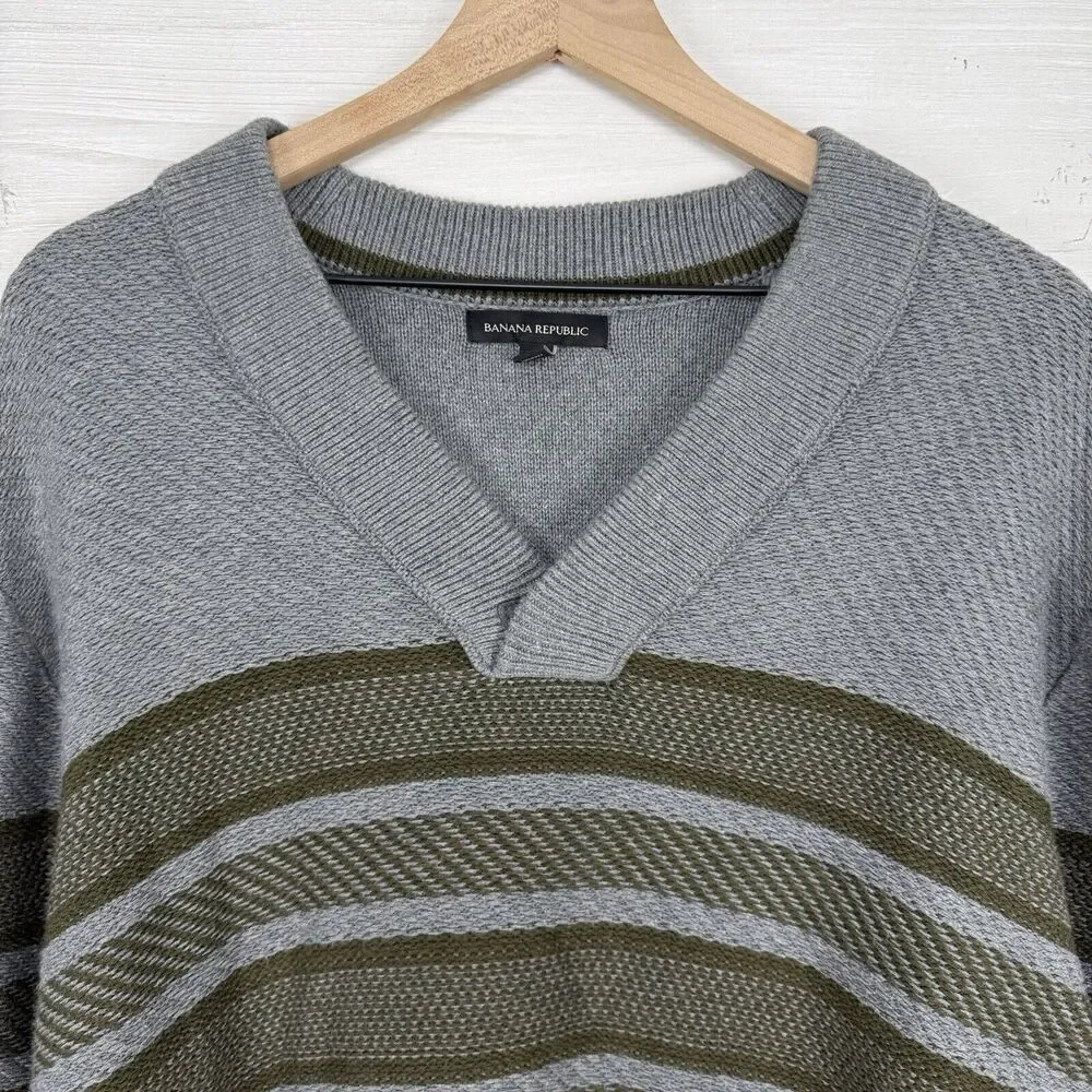 Banana Republic Men XL Traveler Stripe Shawl Collar Pullover Sweater Gray Cotton